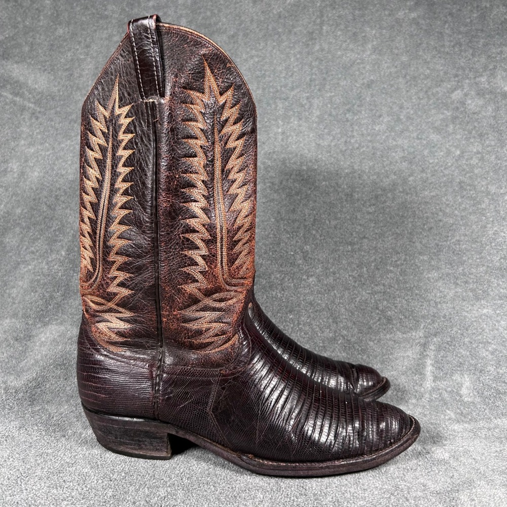 Tony Lama Cowboy Boots Teju Lizard Leather Brown Burgundy Mens 11 D